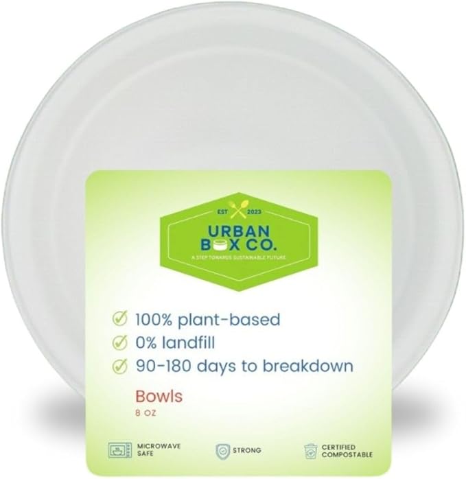8oz Compostable Paper Bowls, Heavy-Duty Eco-Friendly Bagasse Bowl, Biodegradable & Heat-Resistant for Hot & Cold Foods, Soups, Dessert, Salads, Ice Cream, Pasta, Snacks, 1000 Pack