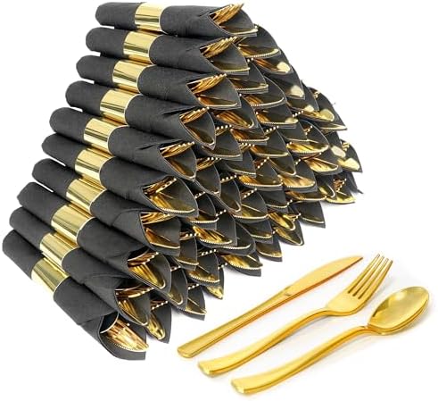 75 Pack Pre Rolled Gold Plastic Silverware Set with Napkin by Dlebay