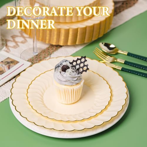 Lullaby 60PCS Light Yellow Scalloped Plastic Plates with Gold Rim for Party - Image 4