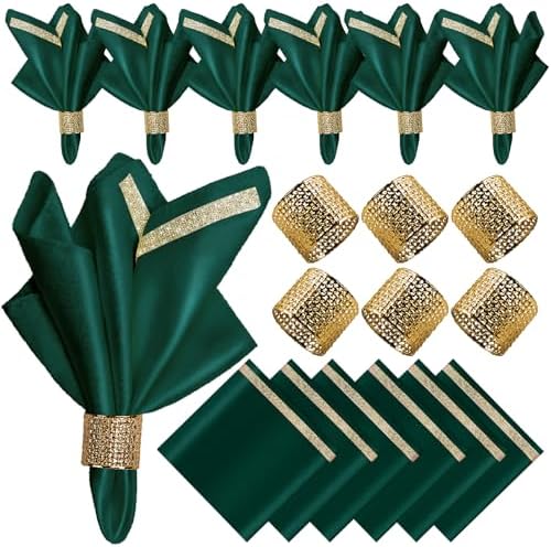 VIJIV 12 Pack Cloth Napkins and Gold Napkin Rings Set of 6, 17x17 Bling Trim Satin Cocktail Napkins Cloth Washable Personalized Dinner Napkins for Wedding Party Holiday Decorative by VIJIV