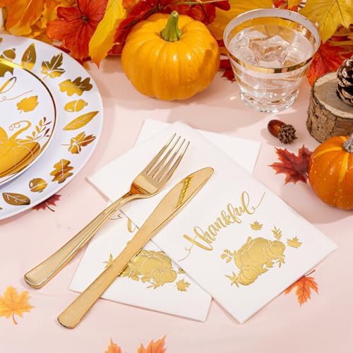 Festiva 176Pcs Thanksgiving Plastic Plates - Heavy Duty Thanksgiving Plates - Thanksgiving Disposable Dinnerware Set include 50 Plates,75 Silverware, 25 Cups, 25 Pumpkins Napkins, 1Tablecloth - Image 5