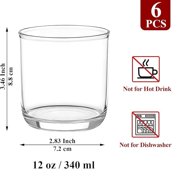 Kyraton Old Fashioned Whiskey Glasses Set of 6, PET Clear Plastic 11.5oz Heavy Duty Unbreakable Water Glasses Cup Tumbler Glassware for Beer, Milk, Scotch, Juice, Liquor Vodka, Bourbon, Cocktail.