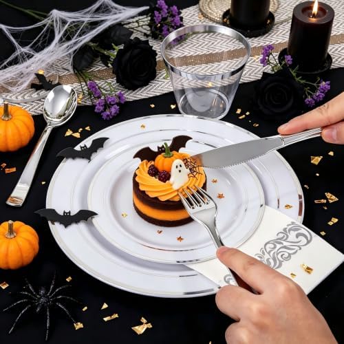 WELLIFE 700 Pieces Silver Plastic Dinnerware Set for 100 Guests - Includes Plates, Cups, Napkins, and Disposable Cutlery - Elegant White & Silver Design, Perfect for Parties and Events - Image 3