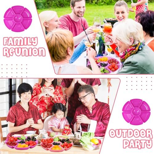 Zhehao 6 Pcs Plastic Divided Serving Trays with 60 Pcs Disposable Fork, 7 Compartments Round Chip Dip Plate, Petal Shape Platter, 10.6'' Snacks Serving Dish for Party Candy Nuts Fruits (Vibrant Color) - Image 7