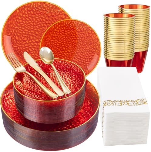 DaYammi 175PCS Clear Red Plastic Dinnerware Set for 25 Guests by DaYammiwillaccompanyyou