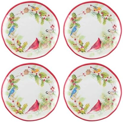 UP UPware Winter Birds Melamine Round Dessert Plates, Small Serving Plates, Christmas Decorations, for Appetizer, Snacks, and Side Dishes, Red, 6 Inch, Set of 4 by UPware