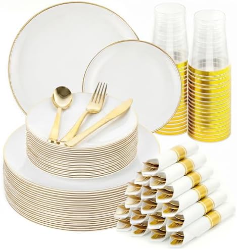White Gold Dinnerware Set Disposable Plates for 350PCS 50 Guests by cheerserve