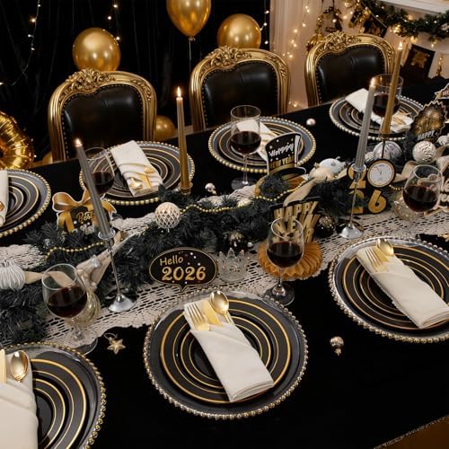 350 Pieces Black and Gold Plastic Plates with Disposable Silverware, Include 50 Dinner Plates 9”, 50 Dessert Plates 6.3”, 50 Black Cups 9 OZ, 50 Pre Rolled Napkins for New Year (Pack of 2) - Image 3