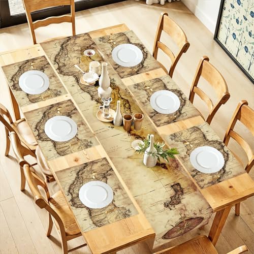 ANNA QUEEN Vintage Map Table Runner and Placemats Set of 6 – 13"x72" Table Runner & 12"x18" Placemats, Antique World Map Travel Theme Dining Table Decor by ANNAQUEEN