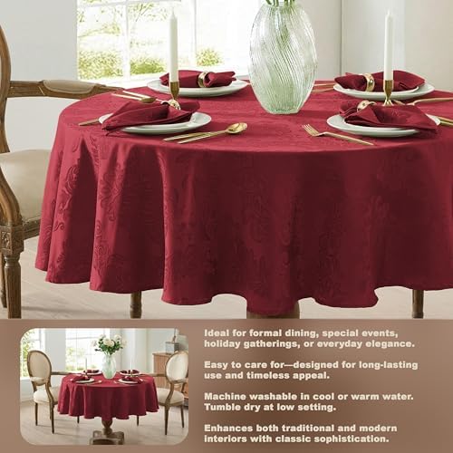 Newbridge Barcelona Damask Fabric Tablecloth, 70 Inch Round, Burgundy – No Iron, Soil Resistant Table Cover for Dining, Parties and Holidays - Image 4