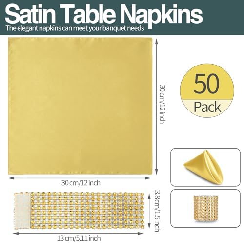 Gold Satin Napkins & Napkin Rings Set, 100 Pack, 12x12 Inch - Image 6