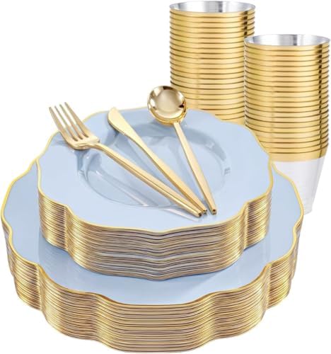 bUCLA 180PCS Blue Plastic Plates - Disposable Light Blue with Gold Rim - Include 30 Each (Dinner & Salad) Plates, 30 Knives, 30 Forks, 30 Spoons, 30 Cups for Party, Party, Birthday & Shower by BUCLA