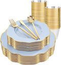 bUCLA 180PCS Blue Plastic Plates - Disposable Light Blue with Gold Rim - Include 30 Each (Dinner & Salad) Plates, 30 Knives, 30 Forks, 30 Spoons, 30 Cups for Party, Party, Birthday & Shower by BUCLA