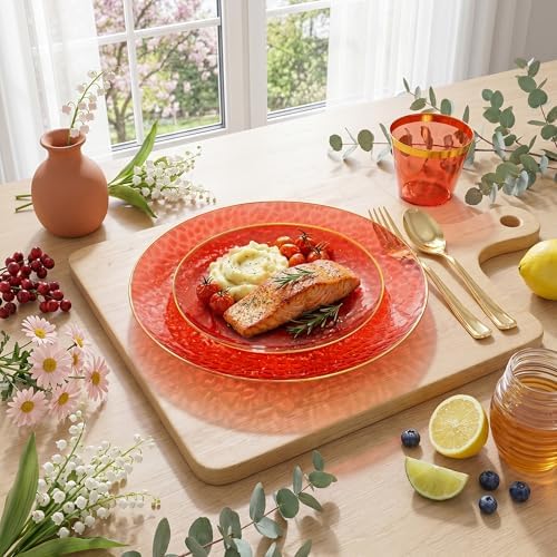 Rubtlamp 175 Pcs Plastic Dinnerware Set (25 Guests), Red And Gold Plastic Plates, Hammered Party Plates Set Include Dinner Plates, Dessert Plates, Cups, Cutlery Set And Napkins for Wedding And Party - Image 3