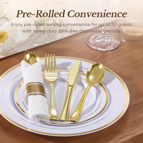 Goodluck 50 Pack Pre Rolled Gold Plastic Silverware with Napkins - Image 2