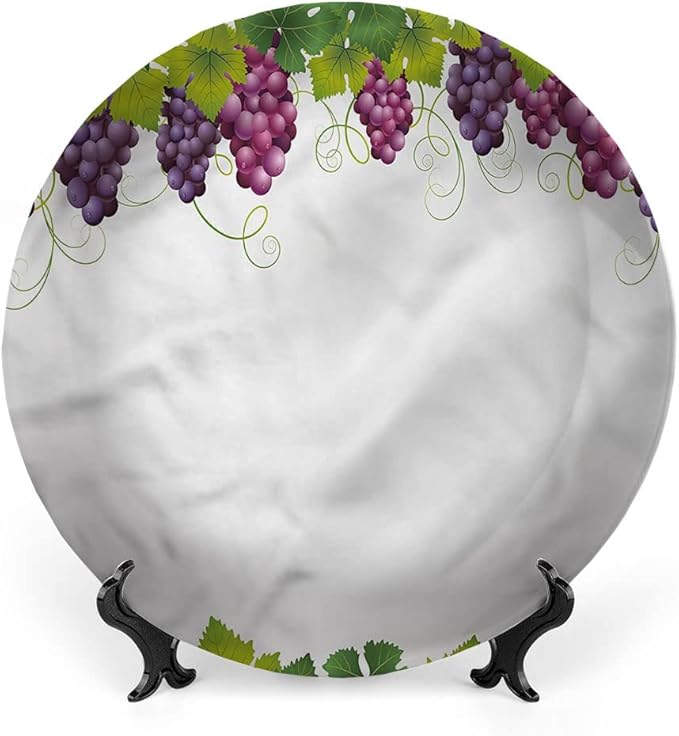 Decorative Plates, Vineyard Print Ornament, Leaves and Ripe Grapes, 10 Inch, Kitchen Wall Decor, Multicolor