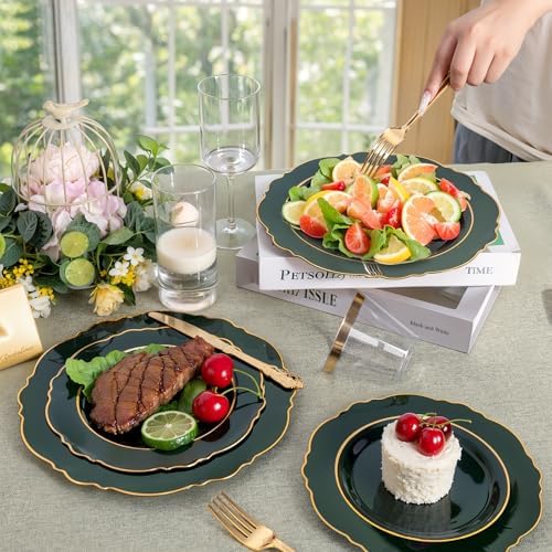 Liacere 175PCS Green Plastic Plates - Emerald Green Disposable With Gold Rim - 25Guest Baroque Plastic Dinnerware include 50Plates-25Pcs Pre Rolled Napkins with Silverware 25Cups for Party & Wedding - Image 4