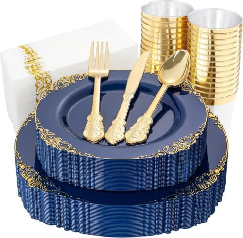 Nervure 175Pcs Blue Plastic Plates, Disposable Dinnerware Set for 25 Guests by Nervure
