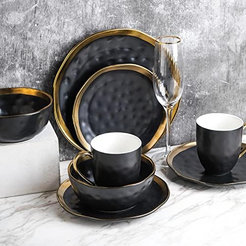 Stone Lain Florian Modern Porcelain Dish Set, 32-Piece Dishes for 8, Gold and Black - Image 3