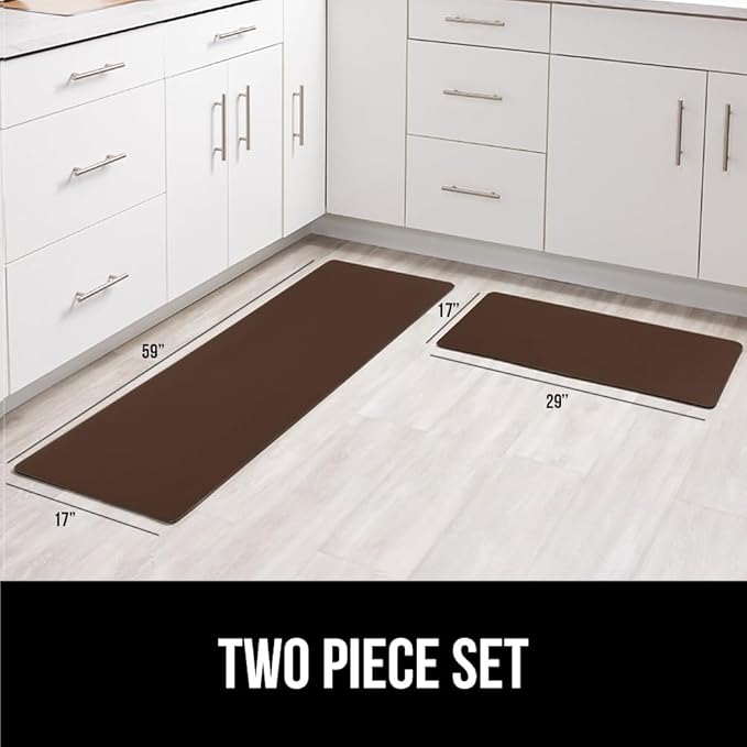 GORILLA GRIP 2 Pack Comfortable Cushioned Kitchen Mats for Floor, 17x24 + 17x48, Waterproof and Stain Resistant, 1/2 Inch Thick Soft Ergonomic Standing Desk Anti Fatigue Mat, Foam Supports Feet, Brown
