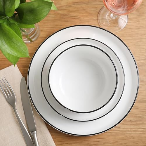 Gibson Home Rothernberg Plates and Bowls 18 Piece Porcelain White Dinnerware Set W/Black Rim | Stackable Dishes | Microwave & Dishwasher Safe - Image 6