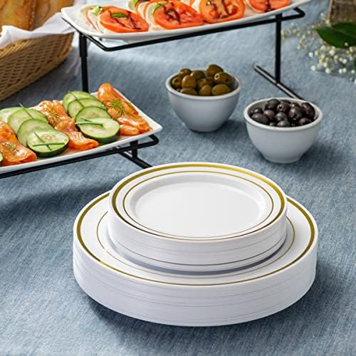 SETUP 60-Piece Gold Trim Plastic Dinnerware Set – 30 10.25" Dinner & 30 7.5" Salad Plates – Heavy-Duty Disposable for Weddings, Catering, Parties - Image 3