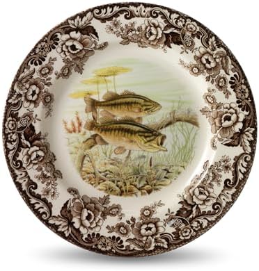 Spode Woodland Salmon Salad Plate with British Flowers Border - Brown/White by Spode