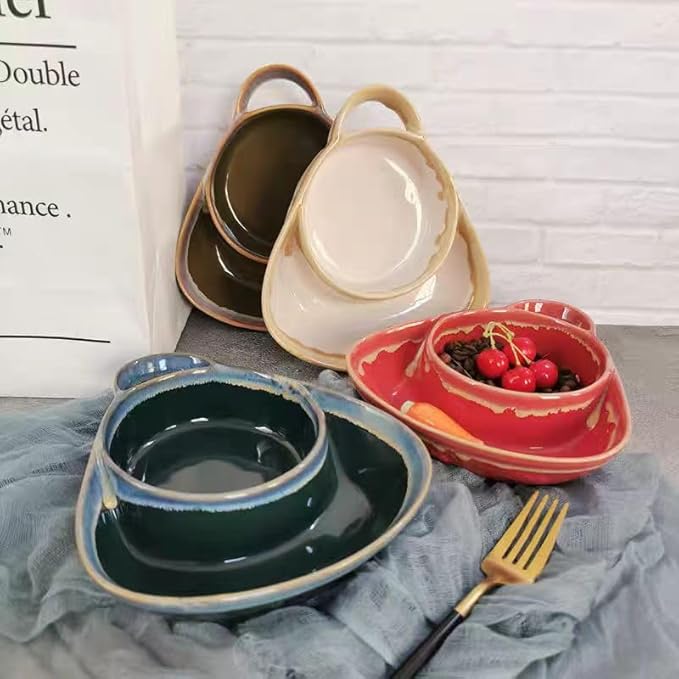 Soup and Side Bowl Plate Ceramic, Chip and Dip Divided Bowls, Anti-Soggy Cereal Bowl Bread Dipping Bowls Plates for Salad Breakfast, and Sandwich Ideal for Home and Restaurant (red+blue)