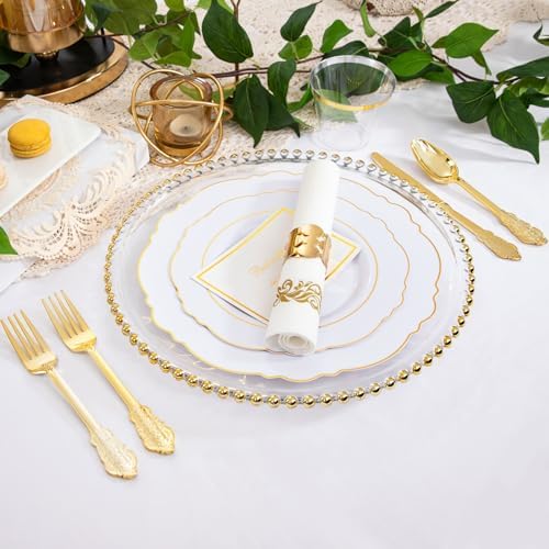WDF Partyware 350 Pieces Gold Disposable Plates for 50 Guests, Fall Plastic Plates, Dinnerware Set of 50 Dinner Plates, 50 Salad Plate, 50 Spoons, 50 Forks, 50 Knives, 50 Cups for Thanksgiving Party - Image 2