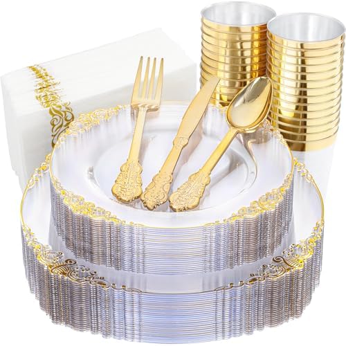 Nervure 175Pcs Clear Plastic Plates, Plastic Dinnerware Set for 25 Guest by Nervure
