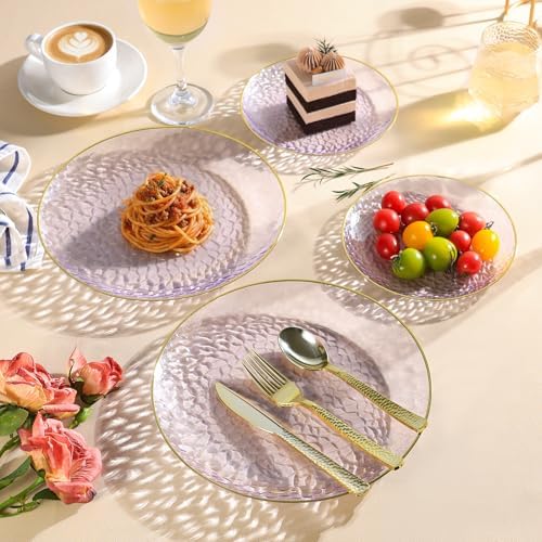 realluck 50Pcs Clear Purple Plastic Plates with Gold Rim - Image 2