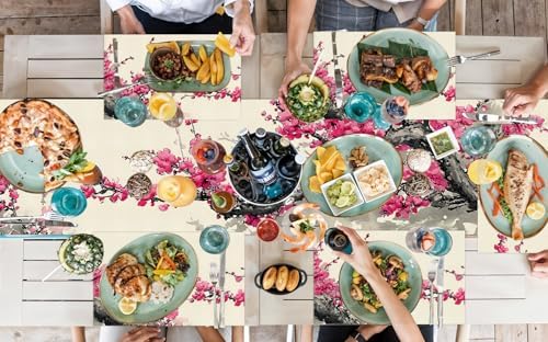 ANNA QUEEN Floral Table Runner and Placemats Set of 6 – 13"x72" Table Runner & 12"x18" Placemats, Cherry Blossom Ink Style Elegant Zen Dining Decor - Image 5