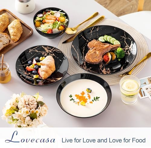 LOVECASA Plates and Bowls Sets for 6, 24 Pieces Porcelain Dinnerware Sets, Black and Gold Dish Set Gold Splash Dishware Sets, Dishwasher Microwave Safe - Image 3