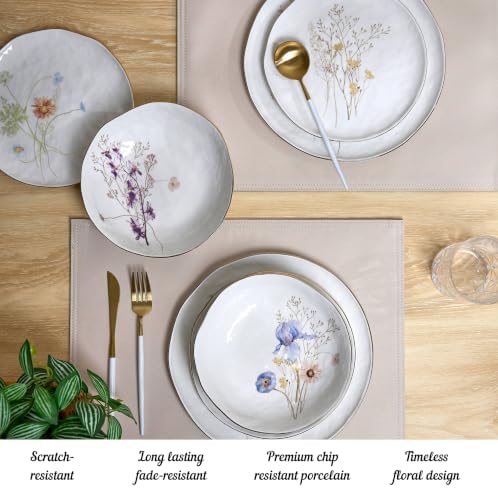 Sango 12-Piece Luxury Porcelain Dinnerware Set for 4- Glossy White Plates and Bowls Sets with Wildflower Patterns and Gold Rims, Ceramic Dish Set, Elegant Dishes for Everyday Dining, Gansevoort - Image 2