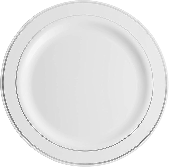 Munfix 100 Silver Plastic Dinner Plates Set, 10.25 Inch Disposable Heavy Duty Fancy Elegant Wedding Party Plates, White with Silver Rim