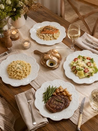 10 Inch White Ceramic Dinner Plates Set of 4, Embossed Floral Butterfly Plates with Scalloped Beaded Rim, Vintage Dinnerware for Family Meals, Pasta, Steak and Holiday Entertaining - Image 4