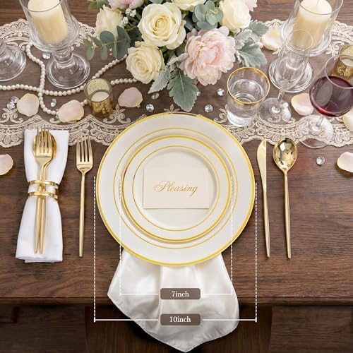 U-QE 100pcs Ivory Plastic Plates for Party - Ivory Gold Plastic Plates - Image 2