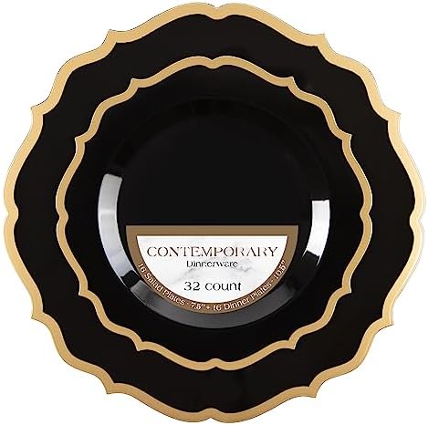 PLASTICPRO 64 Pack Elegant Disposable Plastic Plates Combo Set Includes 32 Dinner Plates and 32 Salad Plates Heavy Duty Fancy Party Plates Black & Gold Contemporary Design by PLASTICPRO