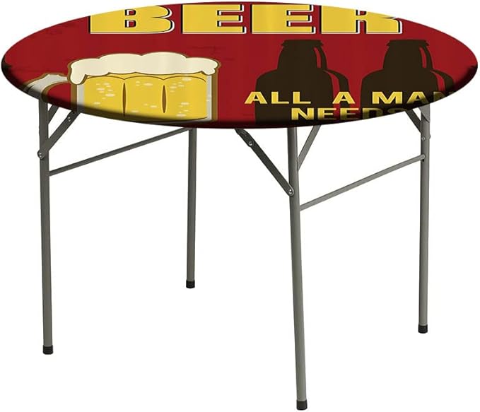 Polyester Tablecloth, Manly Decor Waterproof Oil-Proof PVC Table Cloth, Beer Mug and Two Bottles with Quotes Beer All, Fit Round Tables 56inch Diameter, for Wedding Party Dining Banquet Use