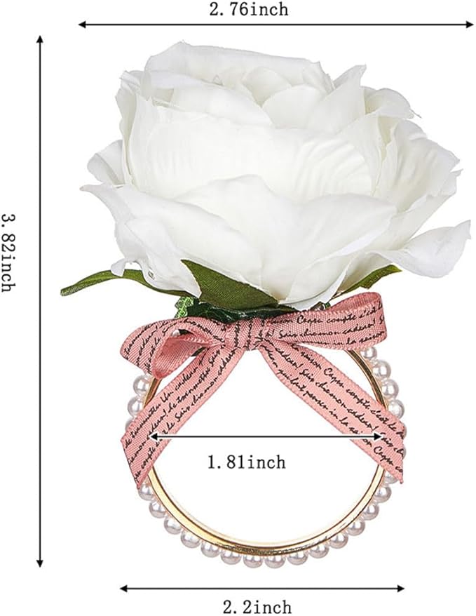 Pearl Napkin Rings Set of 6,Rustic Rose Napkin Rings Flower Dinner Napkin Holder for Table Decoration (21#White)