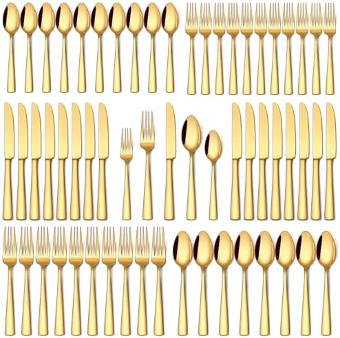 Stapava 60 Pcs Gold Silverware Set, Food-Grade Stainless Steel Flatware Sets for 12 Mirror Polished Cutlery Utensil Sets Include Dinner Knives Spoons and Forks Set Dishwasher Safe for Home Restaurant by StapavaSilverwareSet