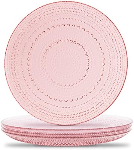 Pink Hobnail Dinner Plates Set of 4 Pressed Glass 10.5 Inch by Yungala