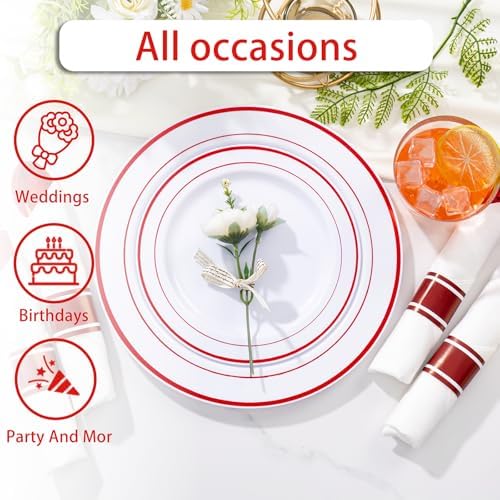 WELLIFE 350-Piece Red Plastic Party Dishware Set - 50 Dinner Plates, 50 Dessert Plates, 50 Cups, 50 Plastic Cutlery - Image 4