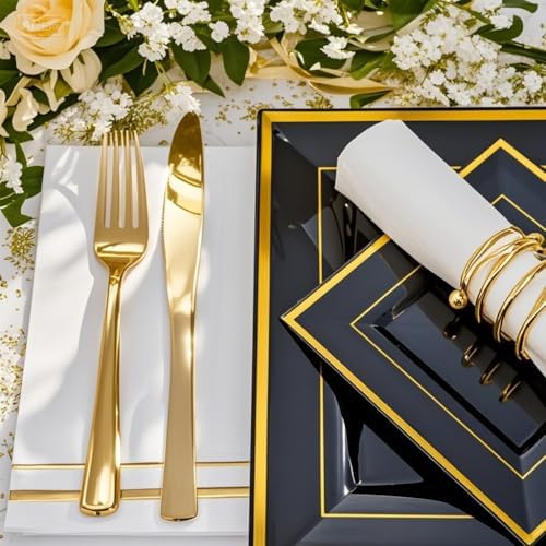 Festiva 350Pcs Black and Gold Plastic Plates-50Guests Disposable Square Black Dinnerware Set include 100 Plastic Plates,50Cups,150Plastic Cutlery,50Napkins for Halloween &Wedding - Image 4