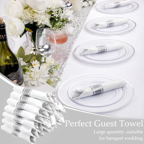 Supernal 30 Pack Pre Rolled Silver Plastic Silverware, Linen Napkin Set - Image 5