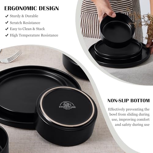 E-far 6-Piece Stoneware Dinnerware Sets, Black Plates and Bowls Set for 2 - Image 5