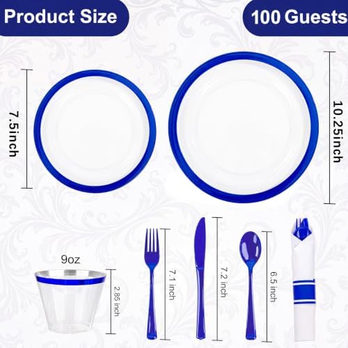 I00000 700Pcs Dark Blue Plastic Dinnerware Set ,Clear Plates for 100 Guests - Image 5