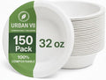 32 oz Compostable Paper Bowls [150-Pack] – Heavy-Duty & Leak-Resistant Disposable Bowls, Natural Sugarcane Bagasse Fiber, Microwave-Safe, Eco-Friendly for Parties, Catering & Everyday