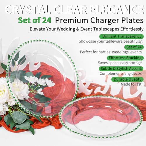24 Pack Clear Charger Plates 13 Inch Acrylic Round Dinner Chargers with Green Beaded Rim, Plastic Round Decorative Plates for Kitchen Wedding Party Home and Tabletop Decoration - Image 2
