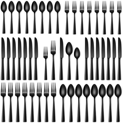 Stapava 40 Pcs Black Silverware Set, Food-Grade Stainless Steel Flatware Set for 8 Mirror Polished Cutlery Utensil Sets Include Dinner Knives Spoons and Forks Set Dishwasher Safe for Home Restaurant by StapavaSilverwareSet